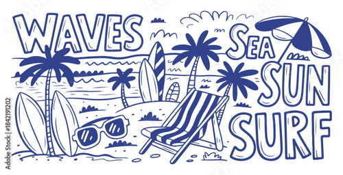 Summer doodles set with palm trees surfboards beach umbrella and text waves sea sun surf vector illustration