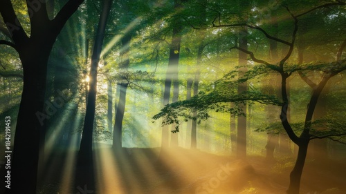 Morning Sunbeams Penetrating Misty Woodland Forest for Ethereal Nature and Spiritual Hope Concept.