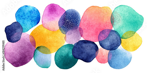 Vibrant abstract watercolor shapes in an array of colorful organic forms on white background
