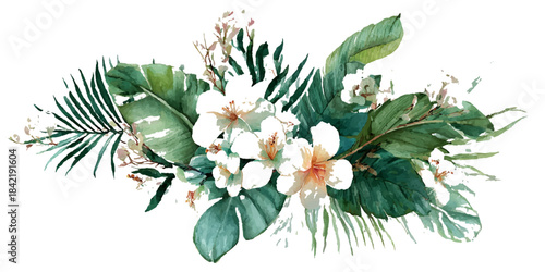 Tropical floral arrangement with white plumeria flowers and lush green palm leaves