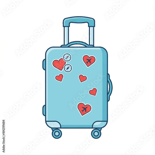 Cartoon Blue Suitcase Decorated With Red Hearts.