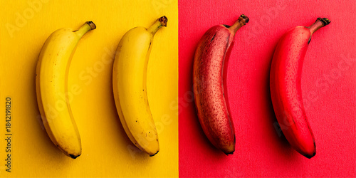 Four bananas divided by color yellow and red against contrasting backgrounds