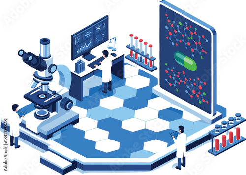Isometric vector illustration of a modern laboratory workspace where scientists are performing pharmaceutical research on molecular structures and drugs