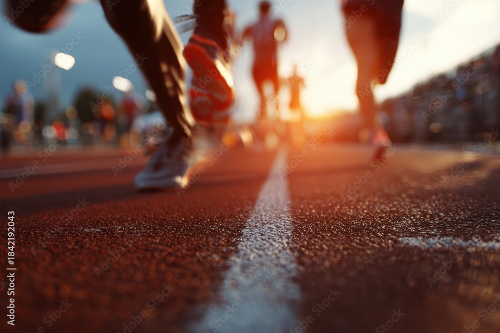 Obraz premium Energy fills the air as runners race on an outdoor track at sunset, showcasing the spirit of athleticism and competition