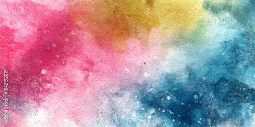 Vibrant abstract watercolor splash with pink yellow and blue hues creating a textured background