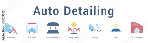 Auto Detailing web banner icon vector illustration with icons of Car Polish, Car Wash, Windshield Repair, Body Repair, Painting, Wiper and Car Door Repair.