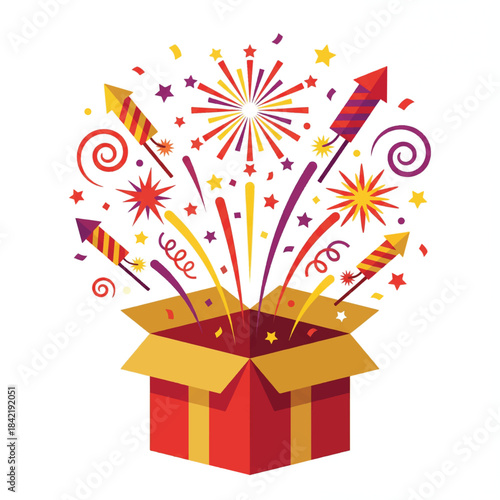 Colorful open gift box with confetti and fireworks.