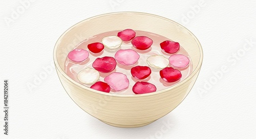 Bowl of water with floating pink and white rose petals  