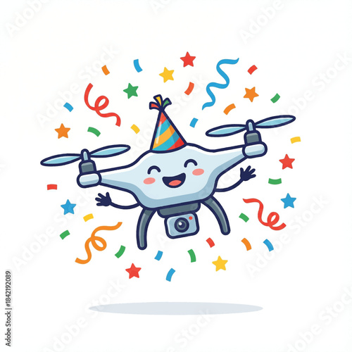 Cheerful cartoon drone with party hat.