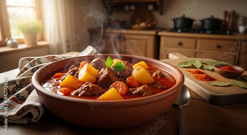 Fototapeta Naklejka Na Ścianę i Meble -  Hearty steaming goulash stew served in a rustic bowl on a wooden table