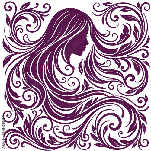 Elegant female silhouette with flowing hair swirls.