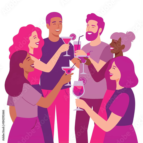 Group of diverse friends celebrating with colorful cocktails.
