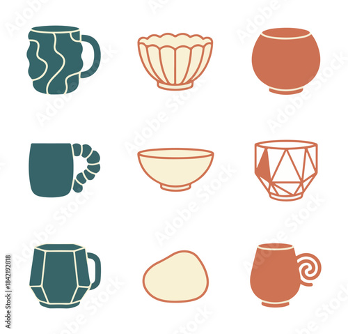 Collection of ceramic vessels and mugs in vector style