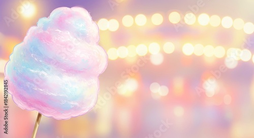 Colorful cotton candy on a stick against a blurred festive background  