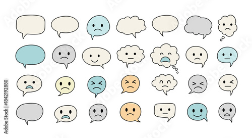 A diverse collection of hand-drawn speech bubbles and emoticons expressing a wide range of emotions like happiness and sadness.
