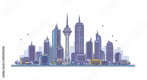 A vibrant and modern city skyline illustration featuring various skyscrapers and a prominent communication tower in a clean line art style.
