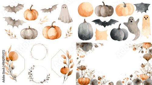 Autumn watercolor illustration set with pumpkins leaves bats and seasonal elements perfect for fall decor harvest themes and cozy festive designs.