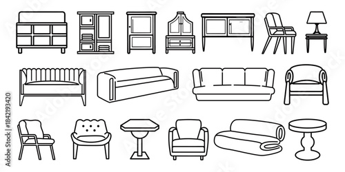 Furniture Outline Top View Icons Set. Line icons about furniture on transparent background with editable stroke. 