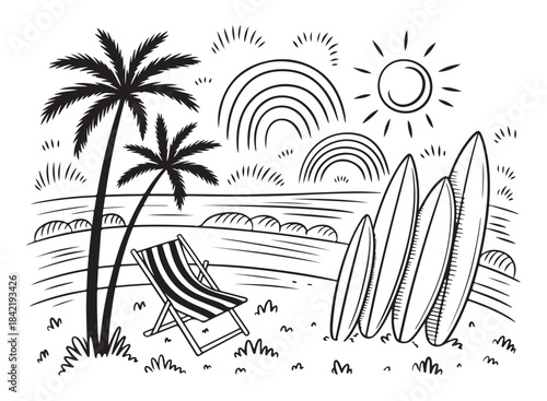 A picturesque summer beach scene with palm trees, lounge chair, surfboards, sun, and ocean waves in outline