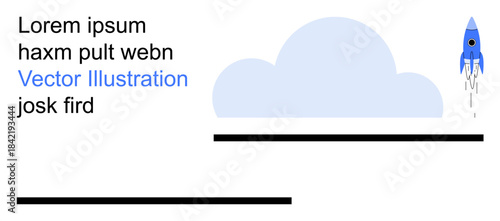 Innovation, technology, progress, startup concepts, exploration, business growth. A blue rocket launching into the sky alongside a cloud. Innovation and technology illustrated in the design