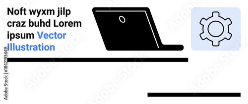 Laptop beside gear tool icon conveying technology, innovation, settings, development, support, business, and education. Ideal for tech company branding, software interfaces or a simple landing page