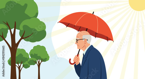 An elderly man in a suit uses a red umbrella to shield himself from the bright sun while walking outdoors on a hot summer day.