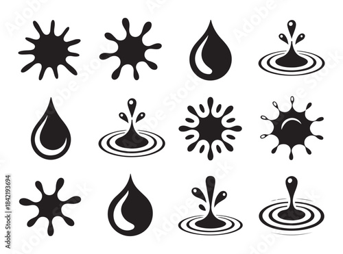 Set of black silhouette water or paint splatters, splashes, and drops forming circles on white background