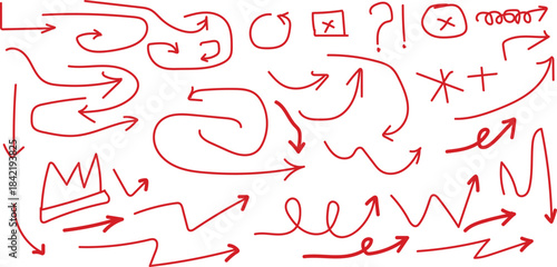 Abstract red doodle arrows and scribbles on a white background chaotic hand drawn style