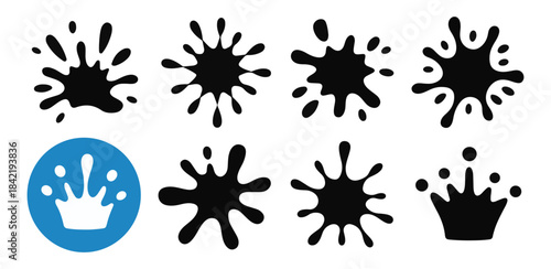 Set of black ink splatters with one blue circular water splash crown icon on white isolated background