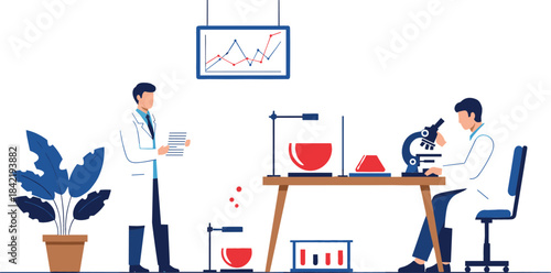 Vector illustration of two scientists working in a modern laboratory, performing research with microscopes, beakers, and data charts