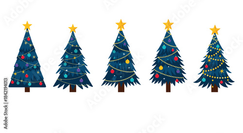 A festive collection of five beautifully decorated Christmas trees with colorful ornaments lights and a star on top for the holidays.