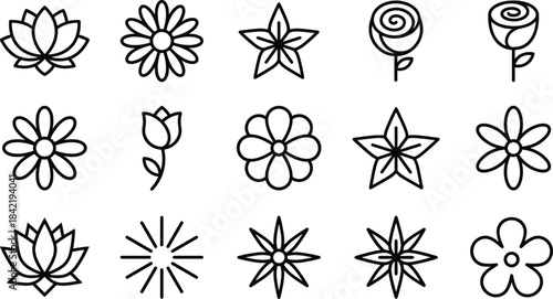 Flower icons, floral motif vector, petal shapes, botanical symbols, decorative ations