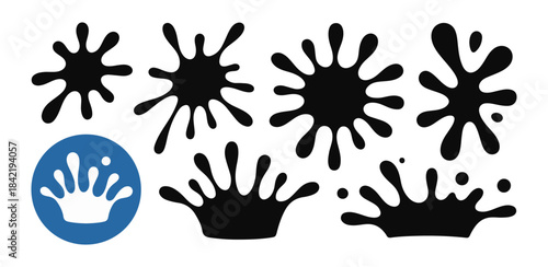 Set of black ink splatters and one blue circular water splash icon with white crown on white isolated background