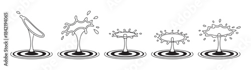Set of water drop impact and splash in various stages of ripple effect on white isolated background