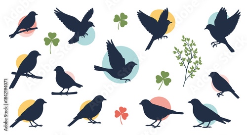 A charming collection of various bird silhouettes in flying and perched poses with green clover leaves on a white background.