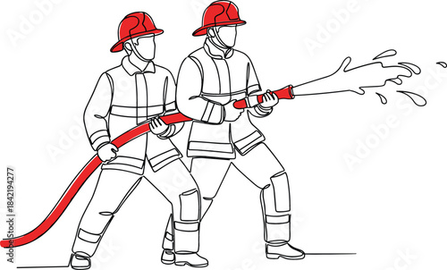 Continuous line drawing vector illustration of two firefighters in uniform holding and directing a high-pressure fire hose