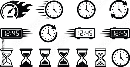 Fast Time Speed Clock Icon Set Hourglass Collection Vector Graphic Concept Black and White Simple Design Illustration Timer Quick Deadline Business Element