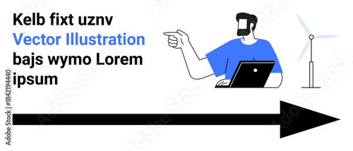 Renewable energy, business strategy, innovation, environmental awareness, corporate goals, teamwork. A professional works on a laptop, pointing at wind turbine and arrow. Renewable energy