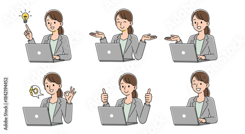 A versatile set of illustrations showing a businesswoman at her laptop in various poses and expressing different emotions.