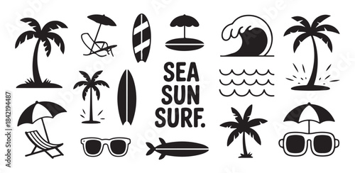 Beach vacation doodle set with palm trees sun umbrellas surfboards and ocean waves minimalist style
