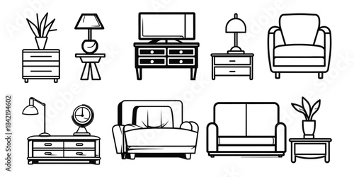 Furniture Outline Top View Icons Set. Line icons about furniture on transparent background with editable stroke. 