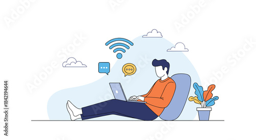 A man relaxes comfortably while working or browsing online with his laptop enjoying a strong wifi connection in a modern illustration.