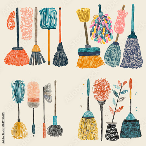 Colorful cleaning mop and brush illustration set with textured fibers perfect for household chores maintenance themes and playful home service designs.