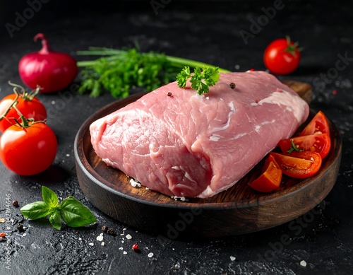 Fresh raw pork with tomatoes, basil, onion, and parsley on a dark wooden board