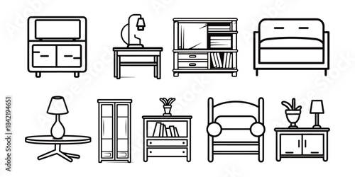 Furniture Outline Top View Icons Set. Line icons about furniture on transparent background with editable stroke. 