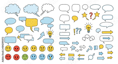 A large set of colorful hand-drawn doodle elements including speech bubbles emoticons arrows and other useful symbols.
