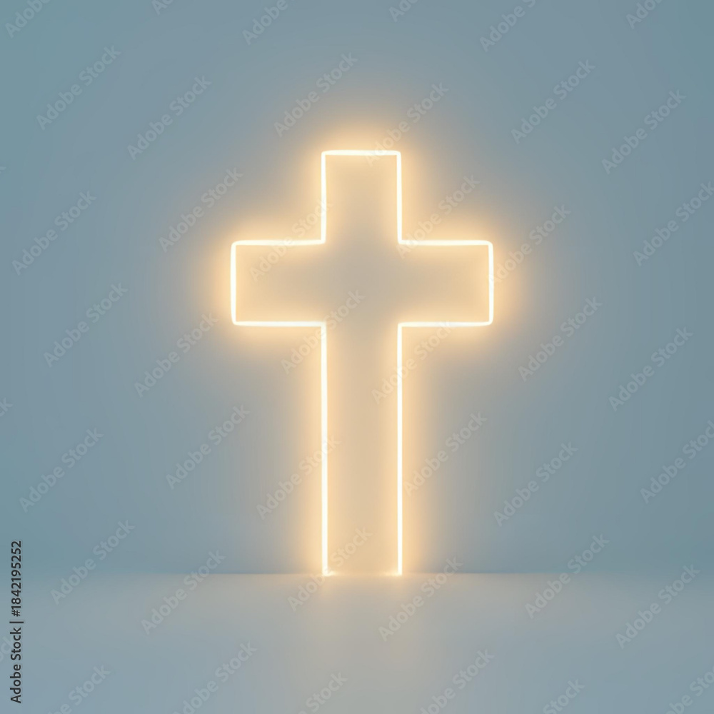 Obraz premium Vibrant Neon Light Cross Symbol Glowing with Spiritual Energy and Faith in a Modern, Minimalist Design Against a Serene Background