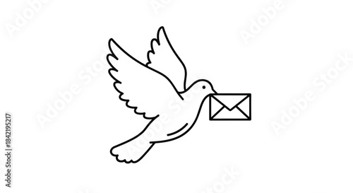 Simple black line art icon of a carrier pigeon or dove flying with a letter in its beak symbolizing communication and peace.