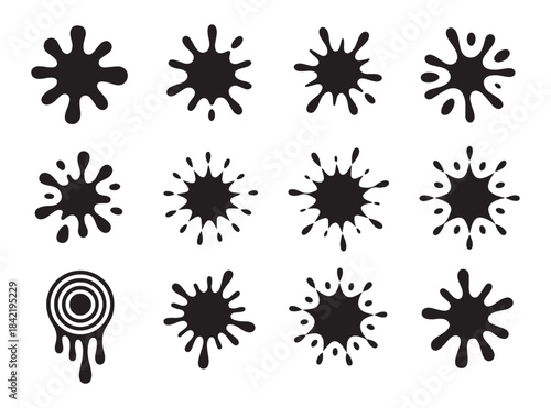 Set of black ink or paint splatters isolated on white background, different shapes of blot and splashes liquid