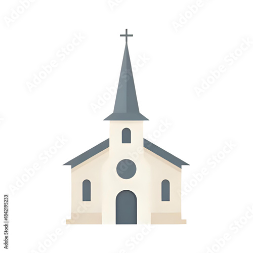 Simple flat design illustration of a traditional Christian church building with a steeple and cross, representing faith, community, and religious institutions